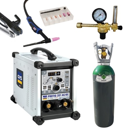 PACK: GYS PROTIG 201 AC DCHF welding machine - SR26DB 4m torch + Regulator + Gas