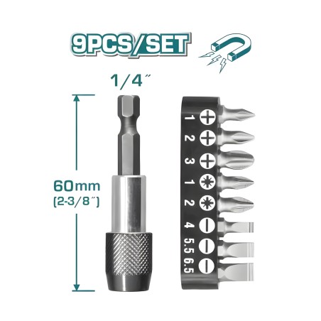 Set of 9 1/4'' bits with bit holder TACSD3091