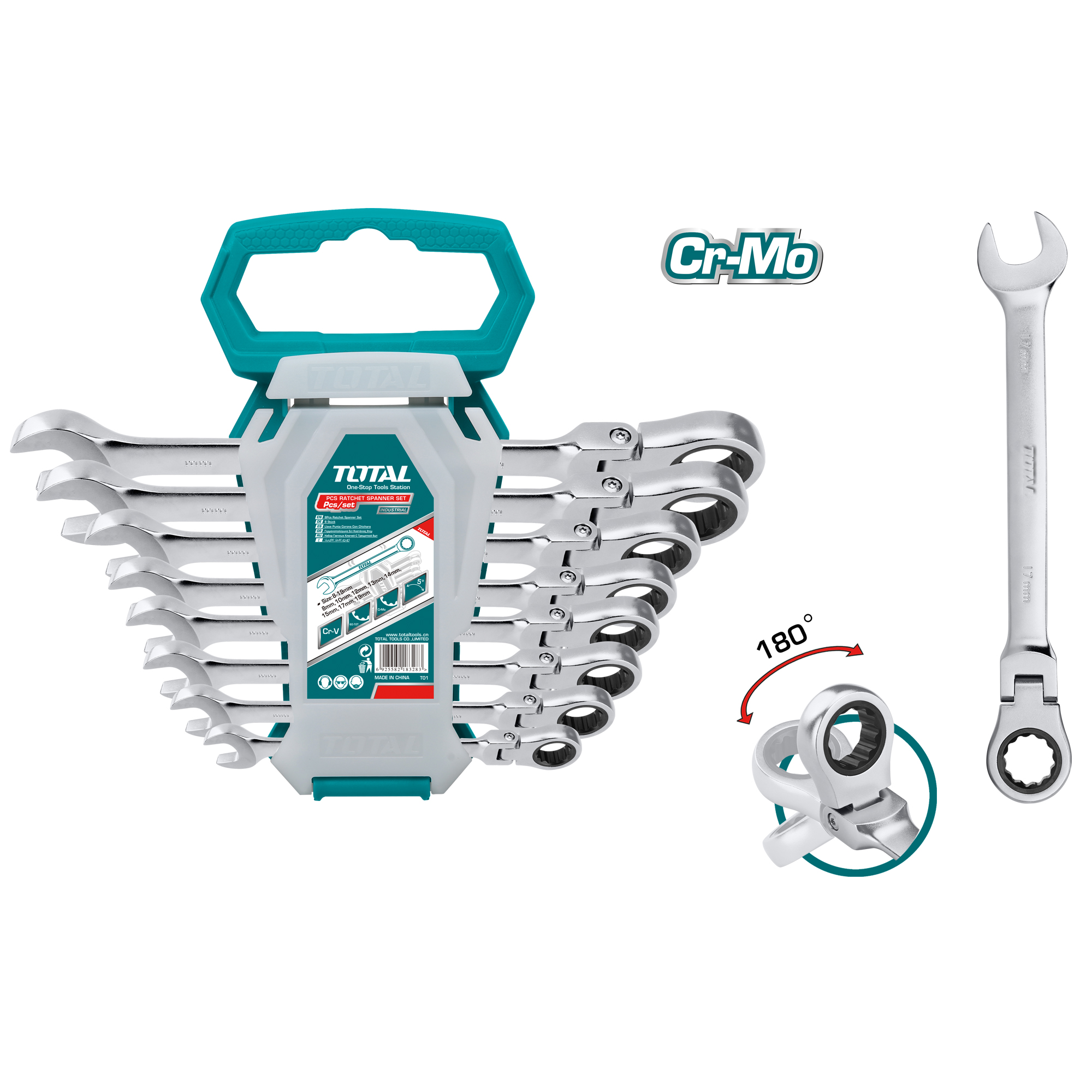 Set of 8 Articulated Ratchet Combination Wrenches THT102RK586 | Chrome-molybdenum (Cr-Mo)
